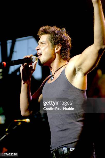 American rock band Audioslave performs on stage, Milwaukee, Wisconsin, July 11, 2003. Pictured is singer Chris Cornell.