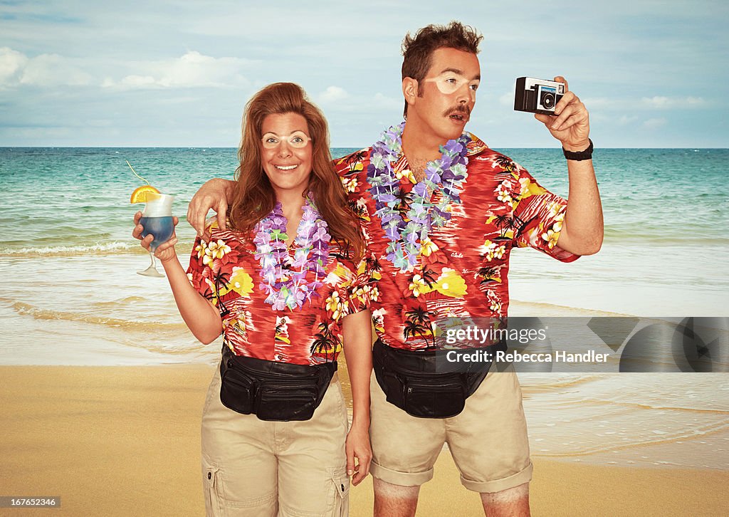 A sunburnt couple of tourists at the beach