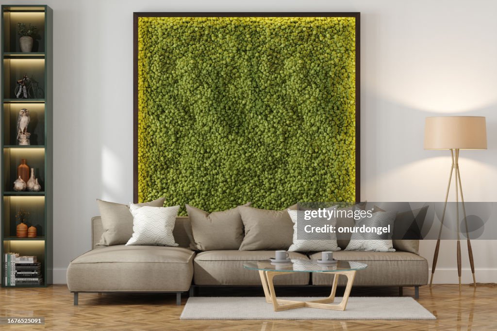 Modern Living Room With Beige Sofa, Coffee Table, Floor Lamp And Vertical Garden