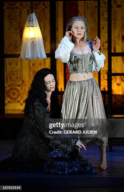 French troop Comedie -Francaise's actresses Julie Sicard and Sylvie Berge respectively play Mou'mina/Almâssa, and Warda, during a rehearsal of the...