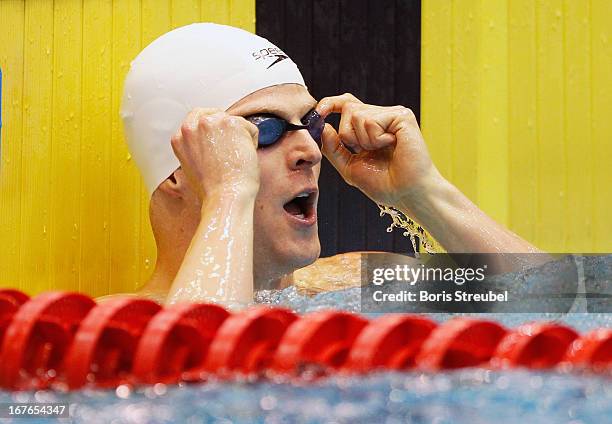 Steffen Deibler of Hamburger SC reacts after winning the men's 100m freestyle A final during day two of the German Swimming Championship 2013 at the...