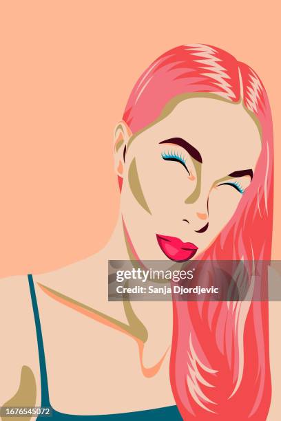 stockillustraties, clipart, cartoons en iconen met abstract portrait of young adult woman with pink hair - fine art portrait