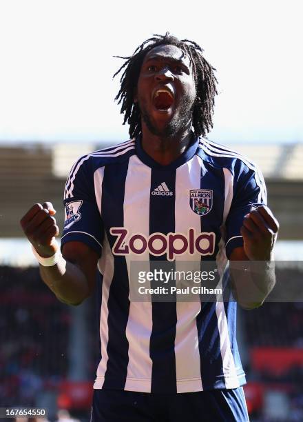Romelu Lukaku of West Bromwich Albion celebrates scoring the second goal for West Bromwich Albion during the Barclays Premier League match between...
