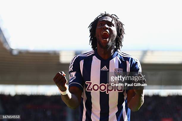 Romelu Lukaku of West Bromwich Albion celebrates scoring the second goal for West Bromwich Albion during the Barclays Premier League match between...
