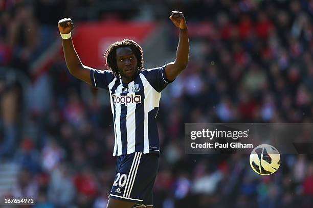 Romelu Lukaku of West Bromwich Albion celebrates after Shane Long scored the third goal for West Bromwich Albion during the Barclays Premier League...
