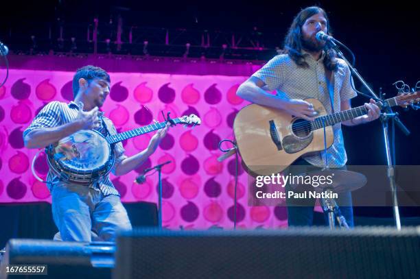 American folk group the Avett Brothers perform on stage at the First Midwest Bank Amphitheater, Tinley Park, Illinois, August 14, 2010. Pictured are...