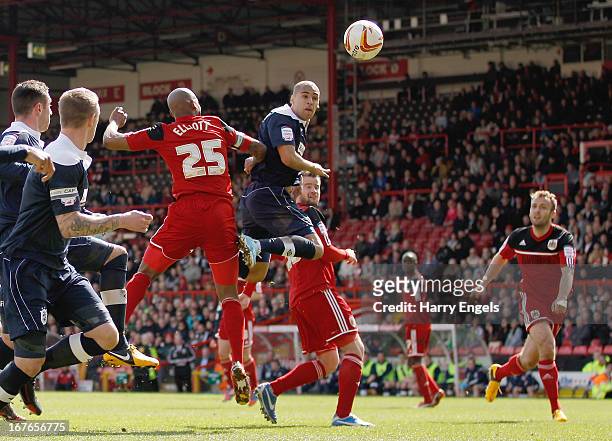 James Vaughan of Huddersfield Town heads the ball to score his second goal during the npower Championship match between Bristol City and Huddersfield...