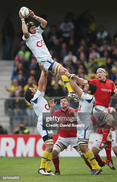 Julien Bonnaire of Clermont Auvergne wins the lineout ball during the Heineken Cup semi final match between Clermont Auvergne and Munster at Stade de...