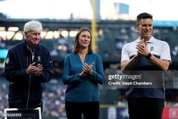 Chairman and Managing Partner John Stanton, President of Business Operations Catie Griggs, and President of Baseball Operations Jerry Dipoto of the...