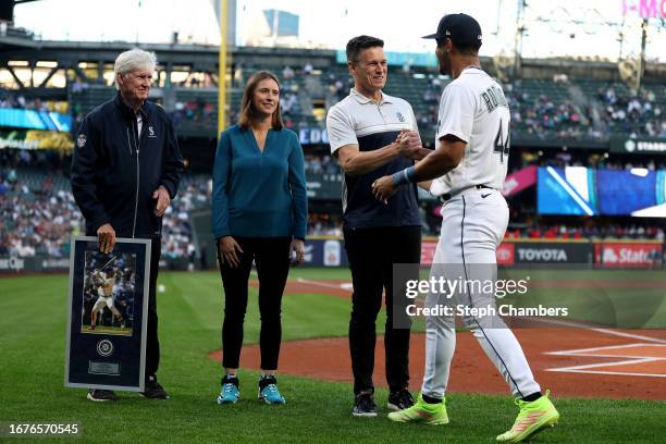 Chairman and Managing Partner John Stanton, President of Business Operations Catie Griggs, and President of Baseball Operations Jerry Dipoto of the...