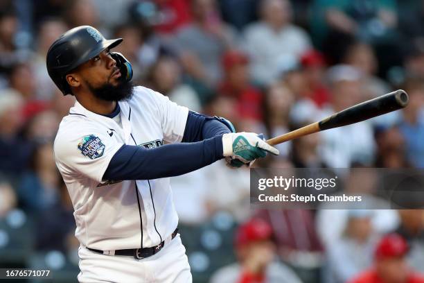 Teoscar Hernandez of the Seattle Mariners at bat against the Los Angeles Angels at T-Mobile Park on September 11, 2023 in Seattle, Washington.