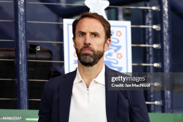 Gareth Southgate, Head Coach of England, looks on prior to the 150th Anniversary Heritage Match between Scotland and England at Hampden Park on...