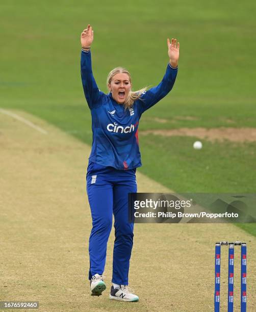 Sarah Glenn of England appeals during the 2nd Metro Bank One Day International between England and Sri Lanka at The County Ground on September 12,...