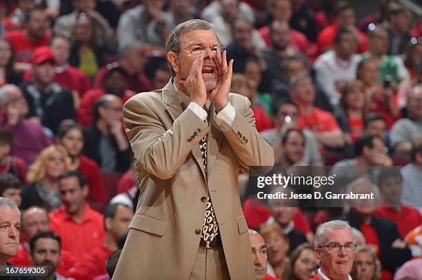 Brooklyn Nets Head Coach P.J. Carlesimo directs his team in Game Four of the Eastern Conference Quarterfinals against the the Chicago Bulls during...
