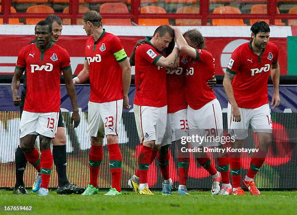 Players of FC Lokomotiv Moscow celebrate after scoring a goal during the Russian Premier League match between FC Lokomotiv Moscow and FC Rostov...