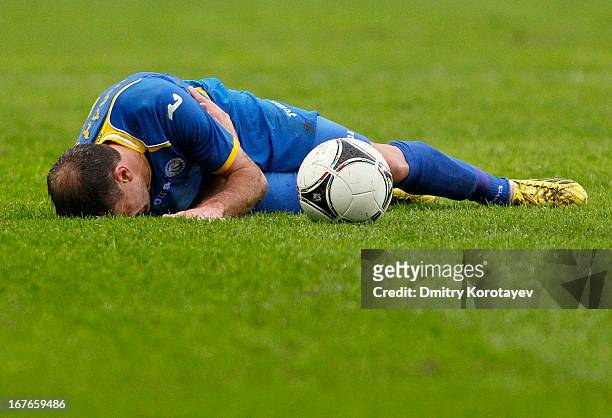 Timofei Kalachev of FC Rostov Rostov-on-Don injured after collision during the Russian Premier League match between FC Lokomotiv Moscow and FC Rostov...