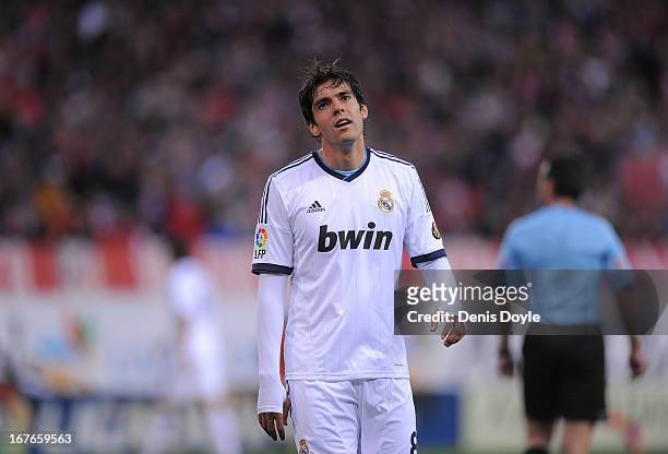 Kaka of Real Madrid reacts during the La Liga match between Atletico de Madrid and Real Madrid at estadio Vincente Calderon on April 27, 2013 in...