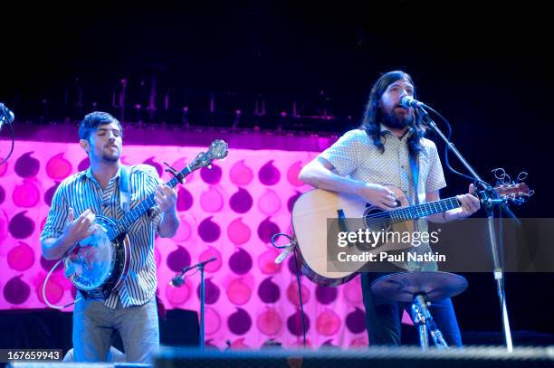 American folk group the Avett Brothers perform on stage at the First Midwest Bank Amphitheater, Tinley Park, Illinois, August 14, 2010. Pictured are...