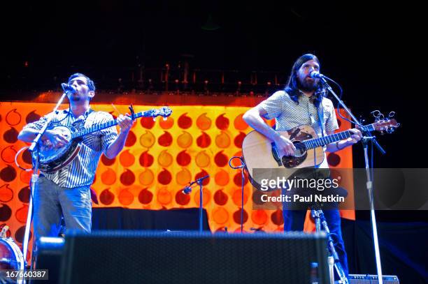 American folk group the Avett Brothers perform on stage at the First Midwest Bank Amphitheater, Tinley Park, Illinois, August 14, 2010. Pictured are...