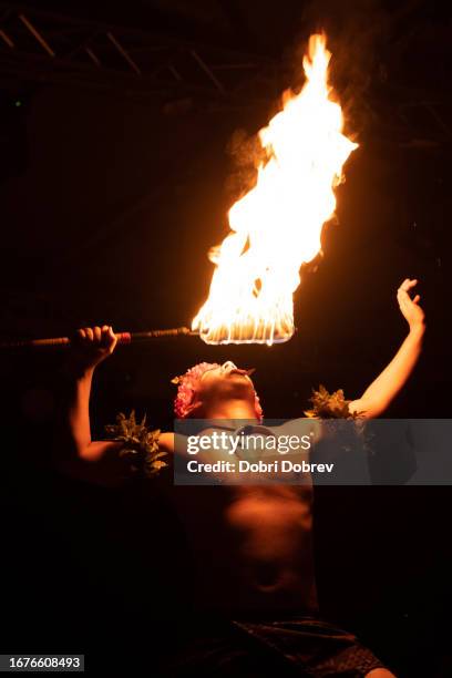 hawaiian male dancer with torch in hands. - fire performer stock pictures, royalty-free photos & images