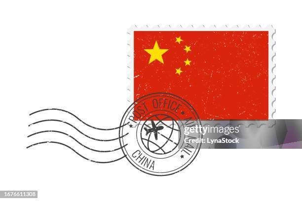 ilustraciones, imágenes clip art, dibujos animados e iconos de stock de sello postal grunge de china. ilustración vectorial de postal vintage con bandera nacional china aislada sobre fondo blanco. estilo retro. - matasellos