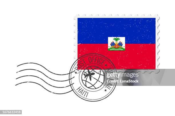 haiti grunge postage stamp. vintage postcard vector illustration with haitian national flag isolated on white background. retro style. - hispaniola stock illustrations