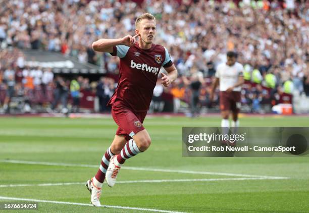 West Ham United's James Ward-Prowse celebrates scoring his side's first goal during the Premier League match between West Ham United and Manchester...