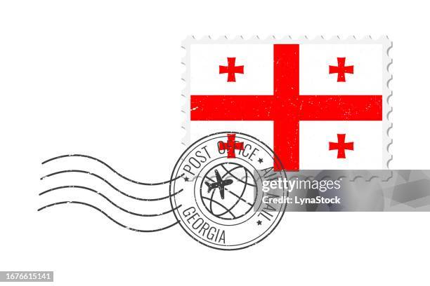 georgia grunge briefmarke. weinlese-postkartenvektorillustration mit nationalflagge von georgien isoliert auf weißem hintergrund. retro-stil. - flagge von georgien stock-grafiken, -clipart, -cartoons und -symbole