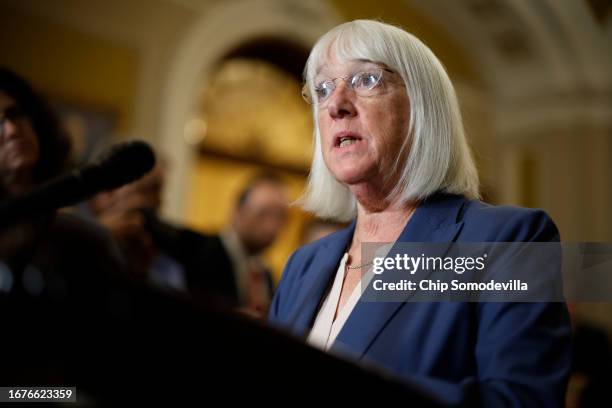 Senate Appropriations Committee Chair Patty Murray speaks during a news conference following the weekly Senate Democratic policy luncheon meeting at...