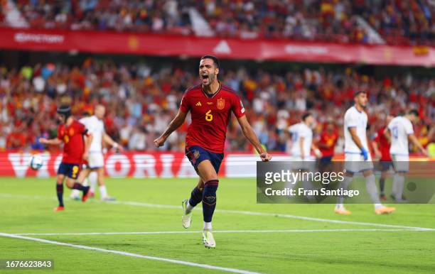 Mikel Merino of Spain celebrates after scoring the team's second goal during the UEFA EURO 2024 European qualifier match between Spain and Cyprus at...