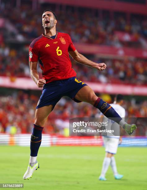 Mikel Merino of Spain celebrates after scoring the team's second goal during the UEFA EURO 2024 European qualifier match between Spain and Cyprus at...