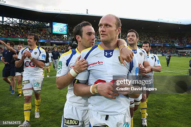 Julien Bonnaire, the Clermont Auvergne captain celebrates with team mate Morgan Parra after their victory during the Heineken Cup semi final match...