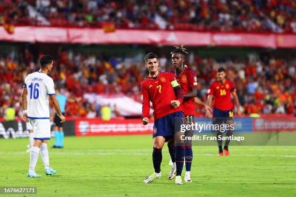 Álvaro Morata of Spain celebrates after scoring the team's third goal which is later ruled offside during the UEFA EURO 2024 European qualifier match...