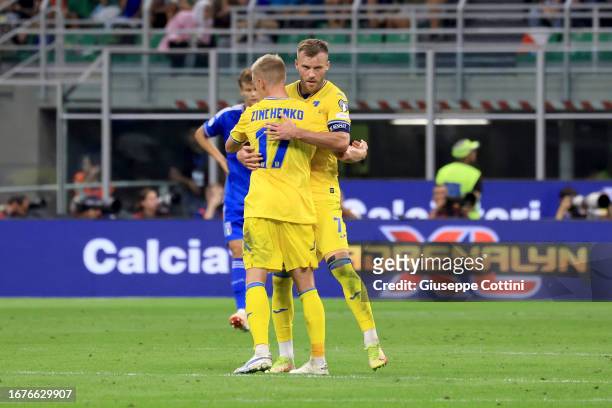 Andriy Yarmolenko of Ukraine celebrates with Oleksandr Zinchenko after scoring the his team's first goal during the UEFA EURO 2024 European qualifier...