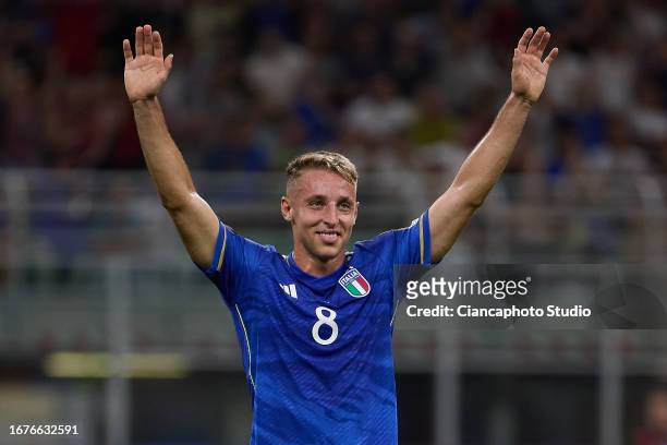 Davide Frattesi of Italy celebrates after scoring his team's second goal during the UEFA EURO 2024 European qualifier match between Italy and Ukraine...