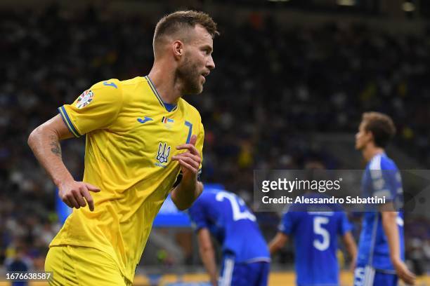 Andriy Yarmolenko of Ukraine celebrates after scoring the 2-1 goal during the UEFA EURO 2024 European qualifier match between Italy and Ukraine at...