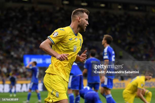Andriy Yarmolenko of Ukraine celebrates after scoring the 2-1 goal during the UEFA EURO 2024 European qualifier match between Italy and Ukraine at...