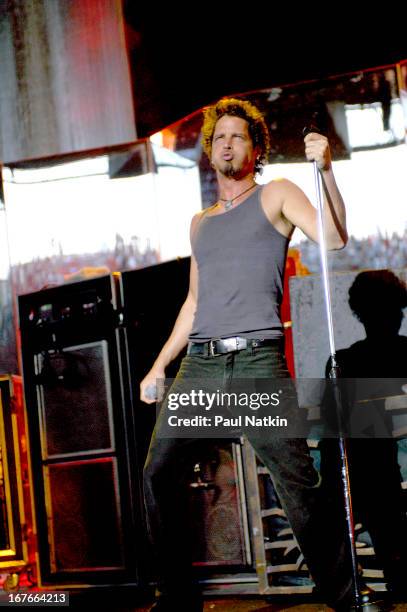American rock band Audioslave performs on stage, Milwaukee, Wisconsin, July 11, 2003. Pictured is singer Chris Cornell.