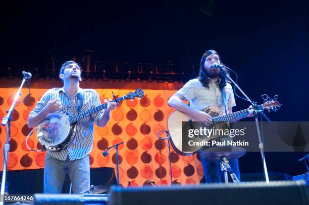 American folk group the Avett Brothers perform on stage at the First Midwest Bank Amphitheater, Tinley Park, Illinois, August 14, 2010. Pictured are...