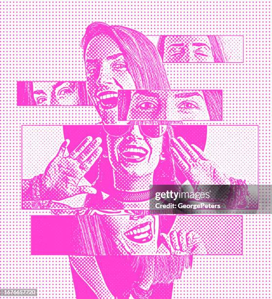 composite image of female faces with playful facial expressions - smiling faces collage stock illustrations