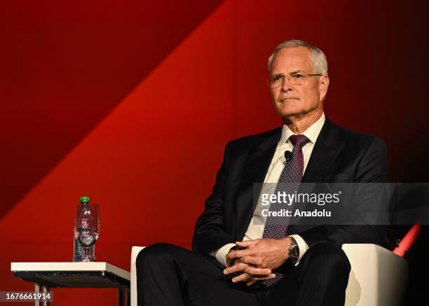 Darren Woods, the CEO of ExxonMobil, is seen during a panel discussion on the second day of the 24th World Petroleum Congress at the Big 4 Building...