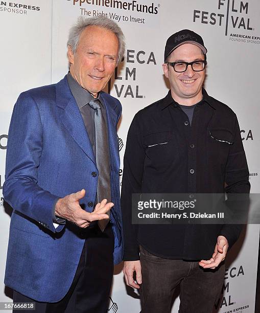 Actor Clint Eastwood and Darren Aronofsky attend the Tribeca Talks: Director's Series during the 2013 Tribeca Film Festival at BMCC Tribeca PAC on...