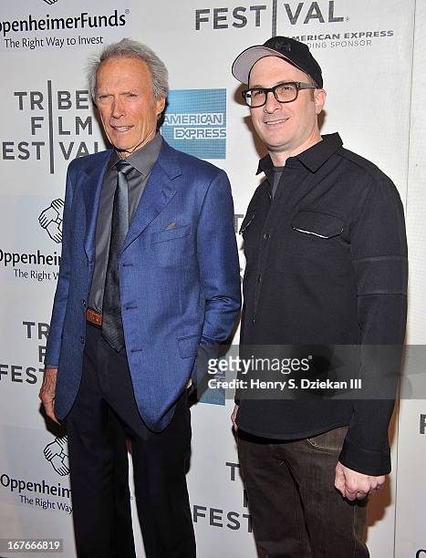 Actor Clint Eastwood and Darren Aronofsky attend the Tribeca Talks: Director's Series during the 2013 Tribeca Film Festival at BMCC Tribeca PAC on...