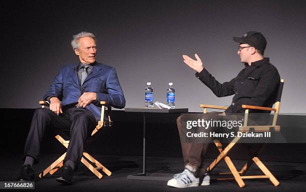 Actor Clint Eastwood and Darren Aronofsky attend the Tribeca Talks: Director's Series during the 2013 Tribeca Film Festival at BMCC Tribeca PAC on...