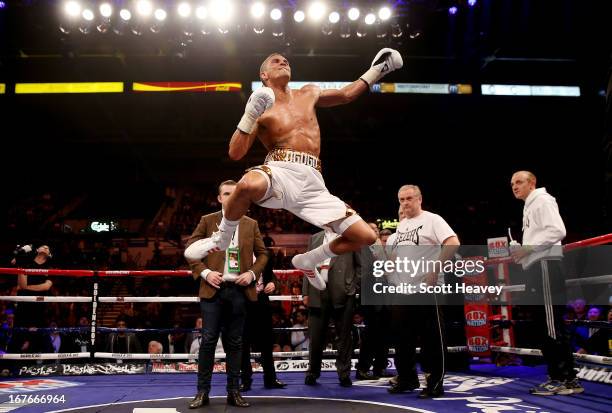 Anthony Ogogo celebrates his victory over Kieron Gray during their Middleweight bout at Motorpoint Arena on April 27, 2013 in Sheffield, England.