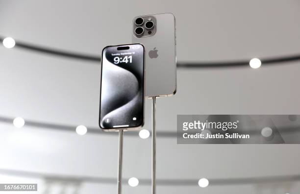 The new iPhone 15 Pro is displayed during an Apple event at the Steve Jobs Theater at Apple Park on September 12, 2023 in Cupertino, California....