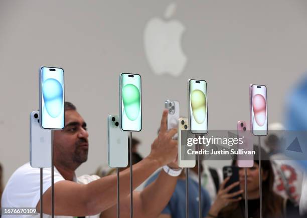 The new iPhone 15 is displayed during an Apple event at the Steve Jobs Theater at Apple Park on September 12, 2023 in Cupertino, California. Apple...