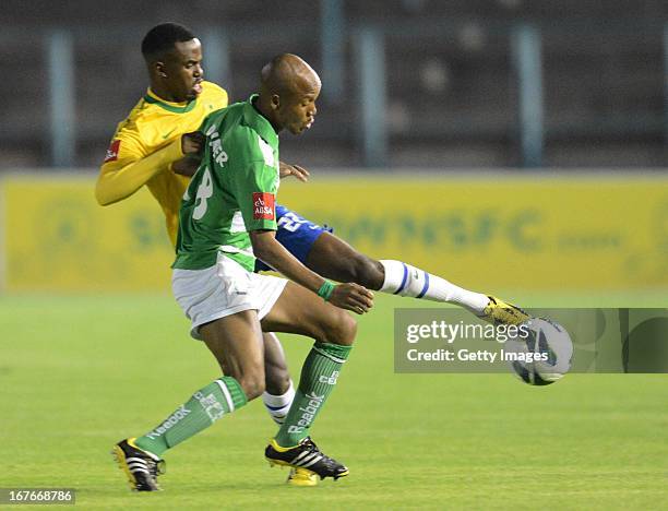 Itumeleng Duiker of Celtic and Jabulani Shongwe of Sundowns compete for the ball during the Absa Premiership match between Mamelodi Sundowns and...