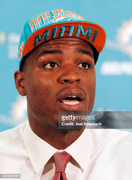 Dion Jordan of the Miami Dolphins answers questions for the media on April 27, 2013 at the Miami Dolphins training facility in Davie, Florida. Jordan...