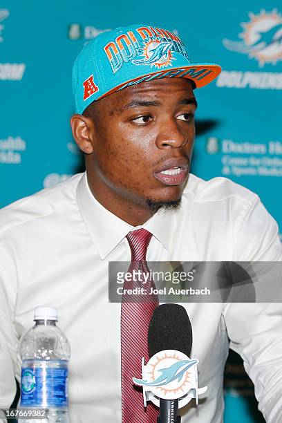 Dion Jordan of the Miami Dolphins answers questions for the media on April 27, 2013 at the Miami Dolphins training facility in Davie, Florida. Jordan...